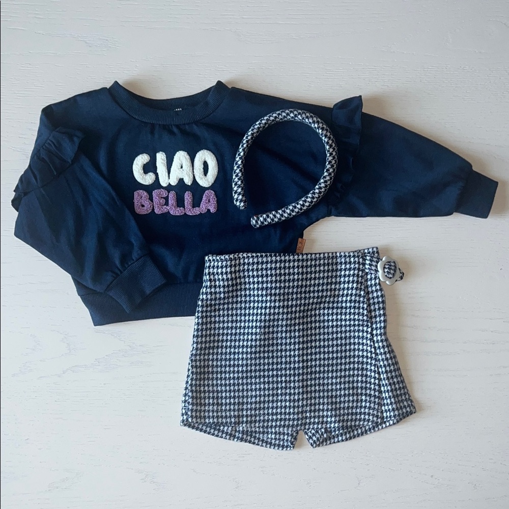 Lila & Jack Ciao Bella 3 Piece Set Sweatshirt Skort Headband 2T 3T